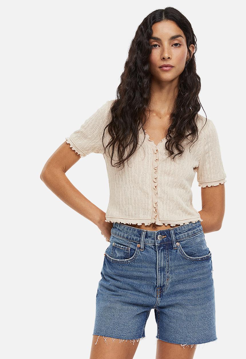 H&M - High waist denim shorts - denim blue 