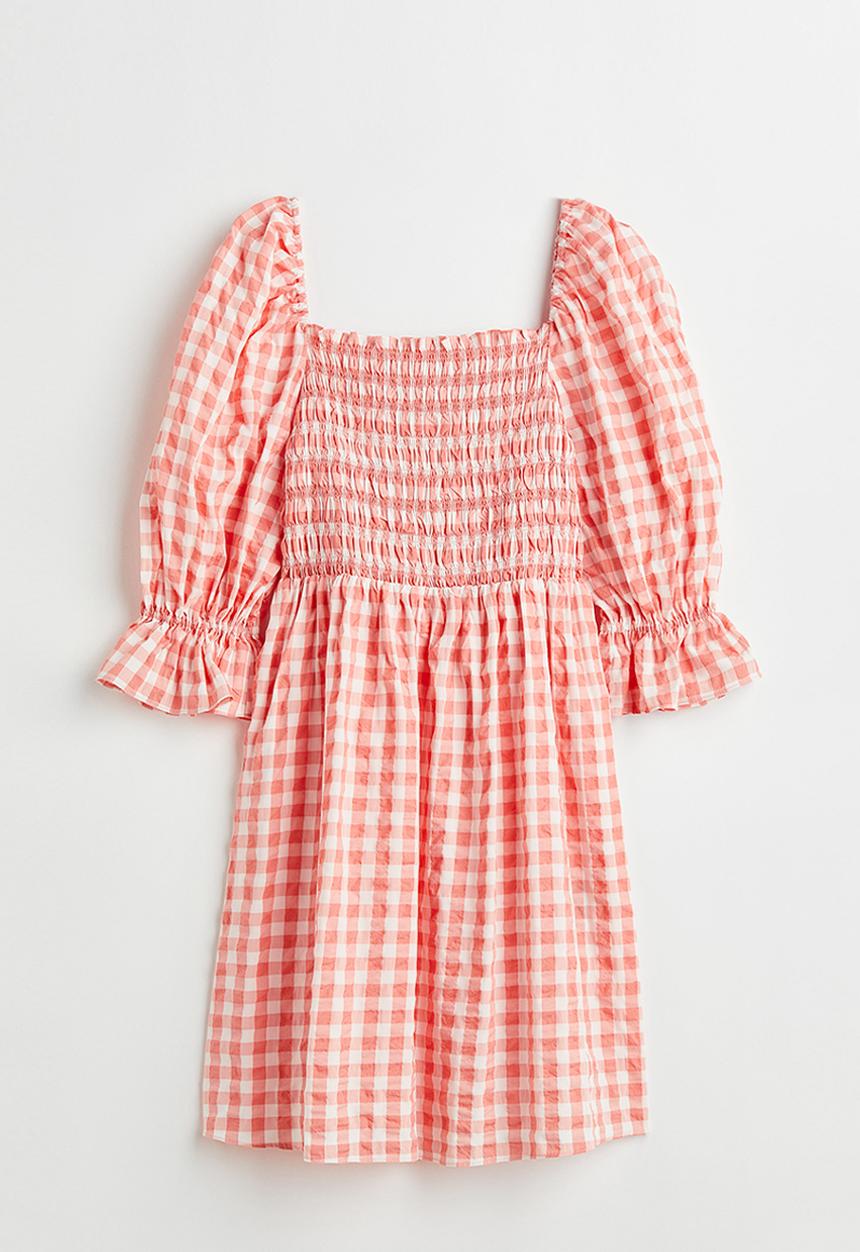 H&M - Puff-sleeved seersucker dress - coral/checked 
