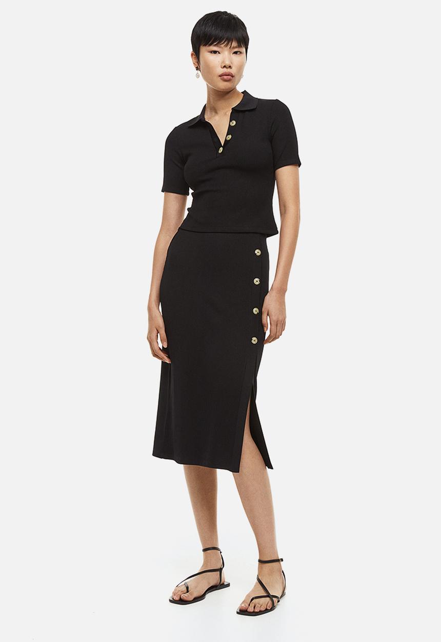 H&M - Button-detail ribbed skirt - black