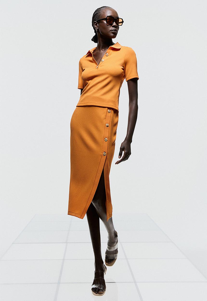 H&M - Button-detail ribbed skirt - orange