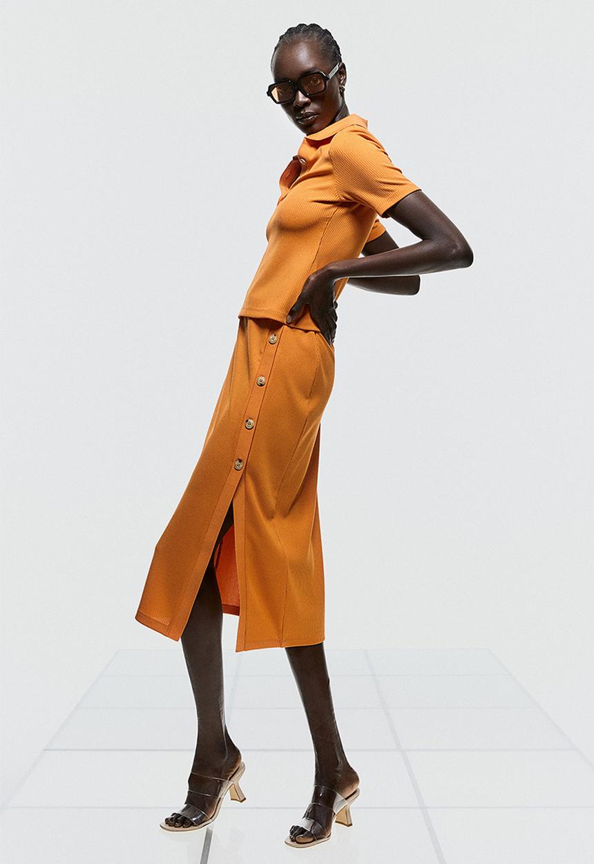 H&M - Button-detail ribbed skirt - orange