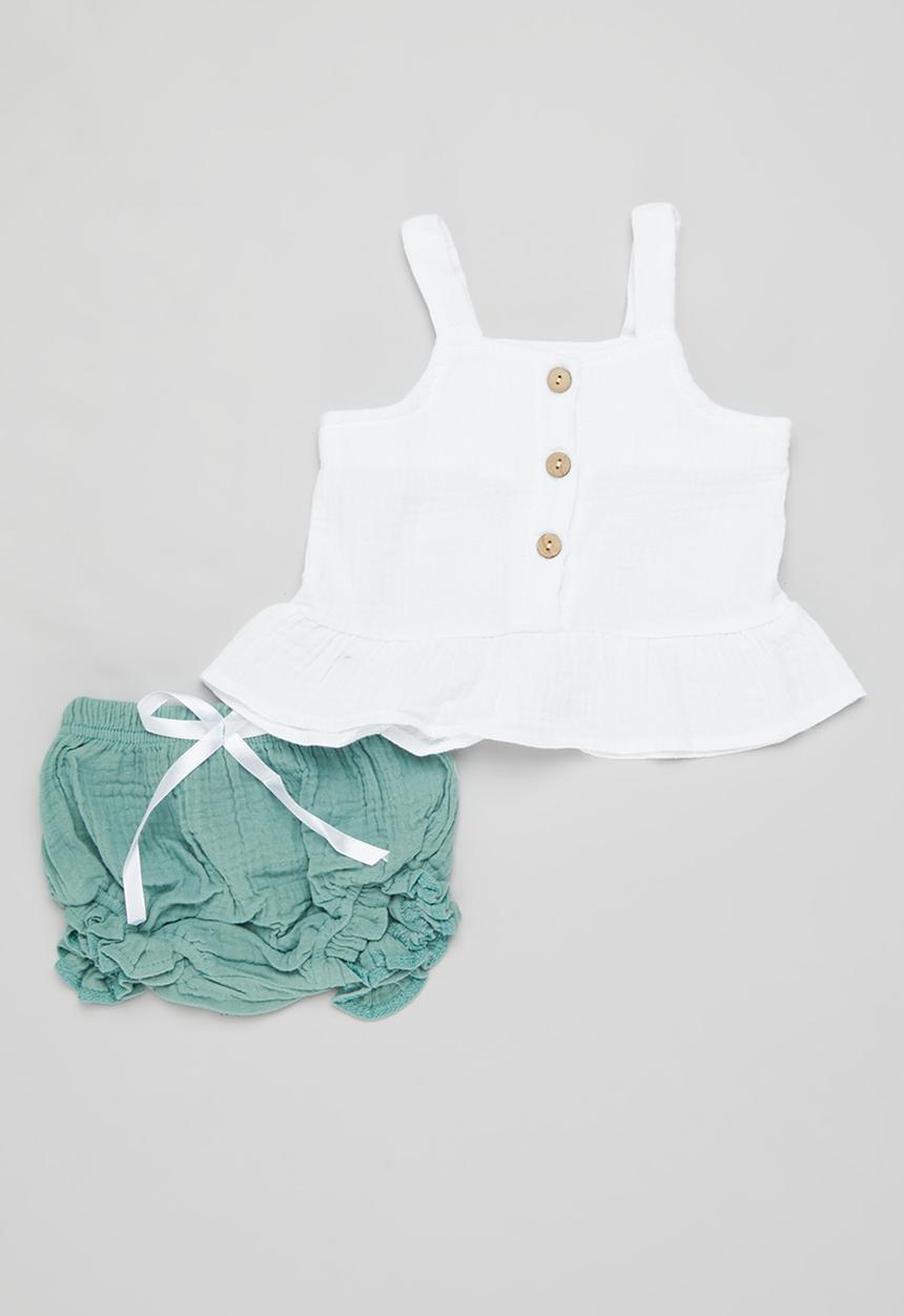 Pop Candy - Ruffle hem cami and shorts set - green & white