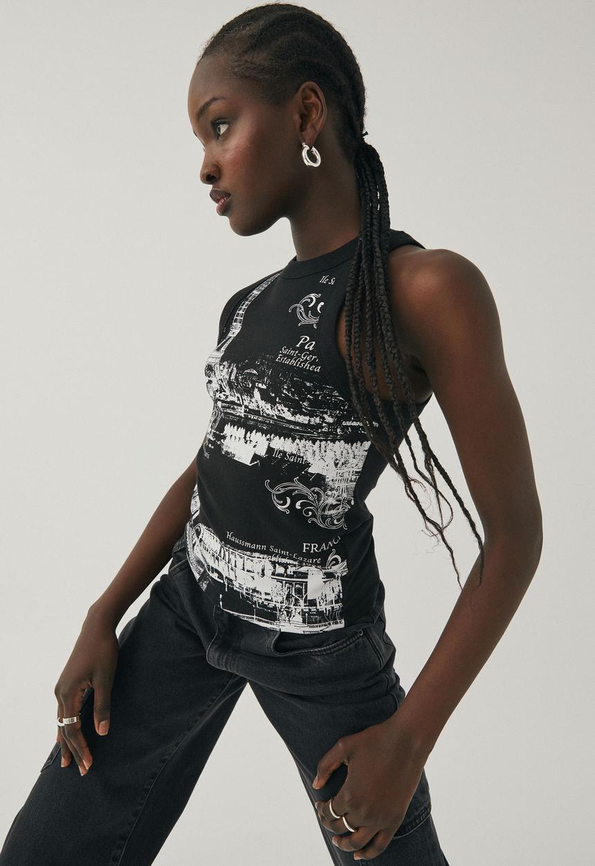 Supré  - Ana high neck graphic tank - black/paris collage