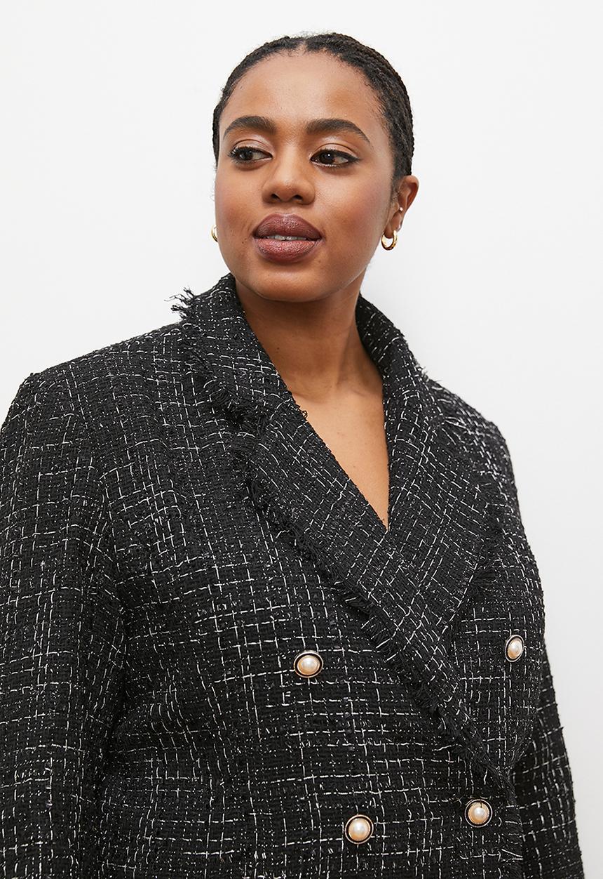 edit - Double breasted tweed blazer - black