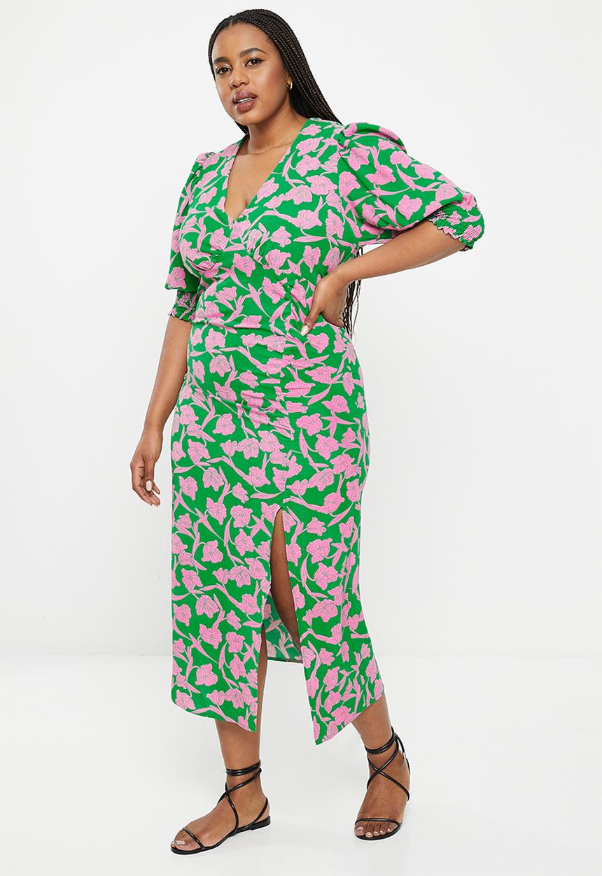 Me&B - Plus gauged volume dress - green & pink