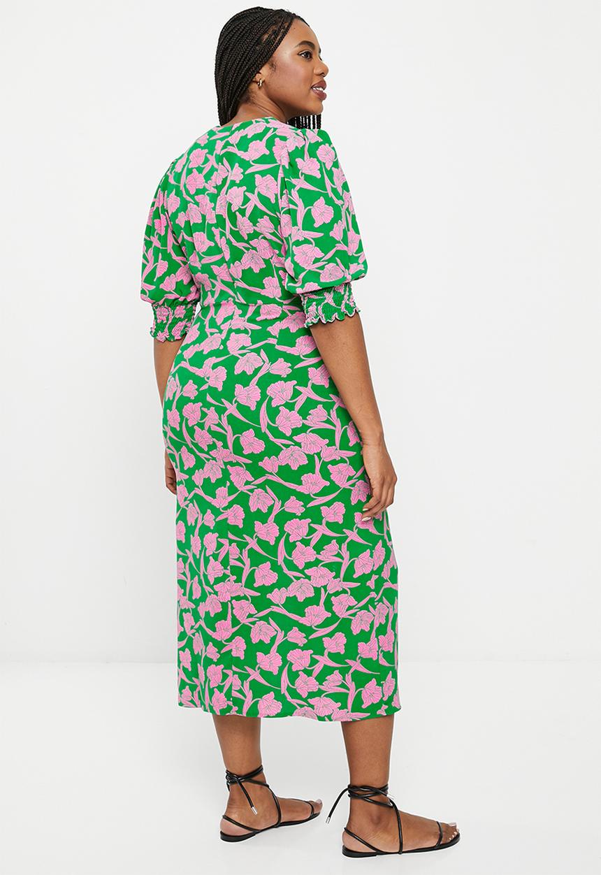 Me&B - Plus gauged volume dress - green & pink