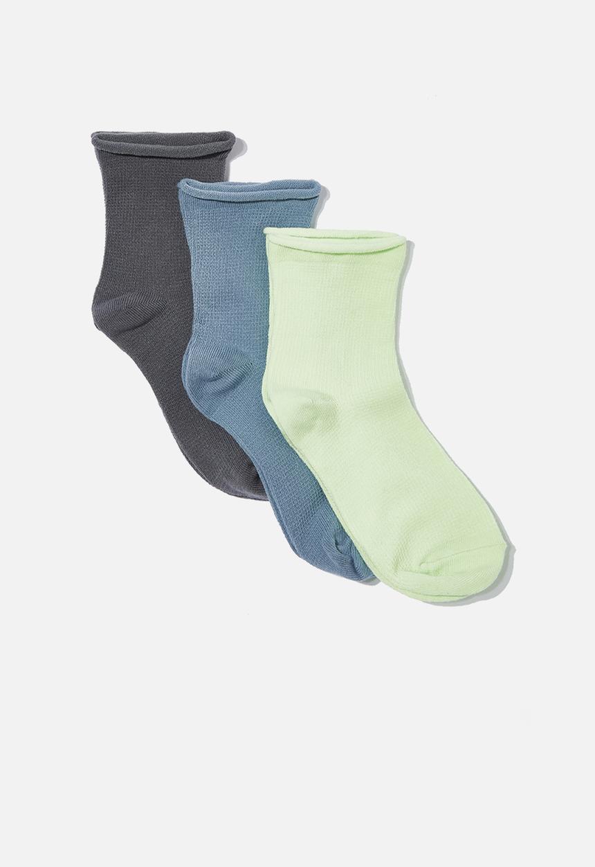 Cotton On - 3pk waffle crew socks - lime soda/dusty blue/rabbit grey