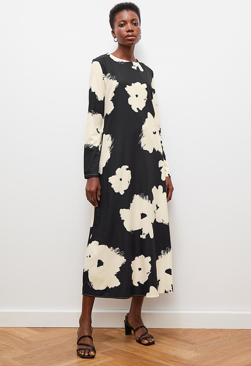 edit - Printed tunic midi dress - black & neutral