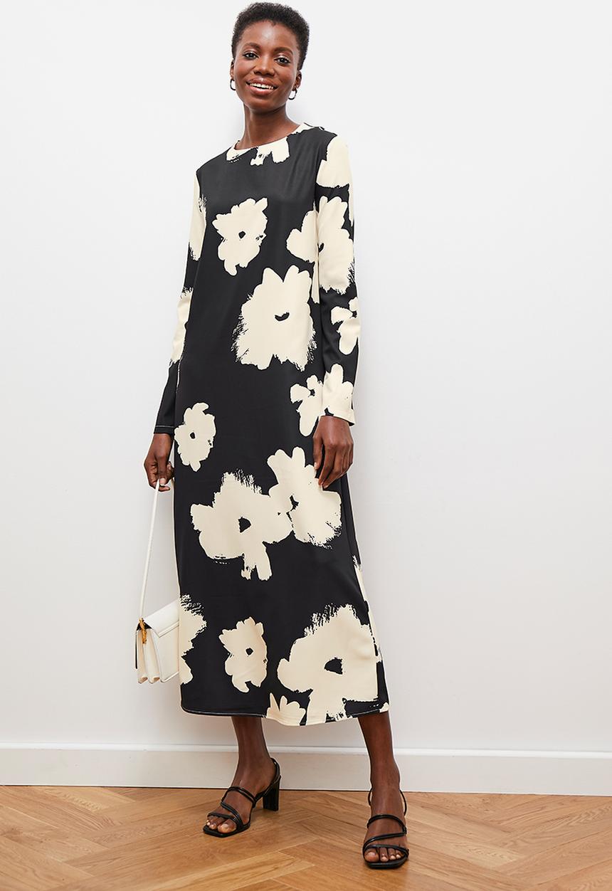 edit - Printed tunic midi dress - black & neutral
