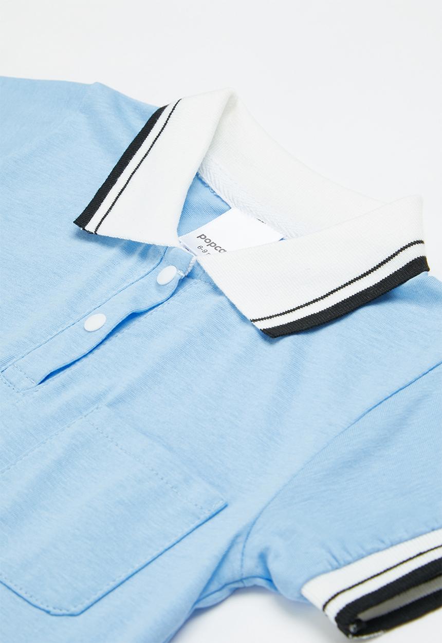 Pop Candy - Short sleeve collared romper - blue and white
