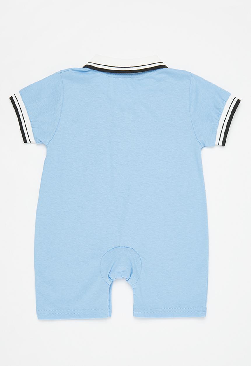 Pop Candy - Short sleeve collared romper - blue and white
