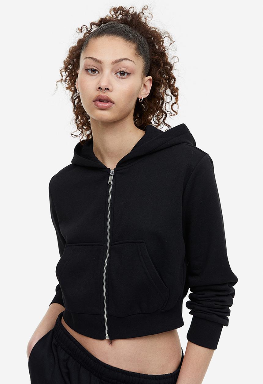 H&M - Cropped zip-through hoodie - black