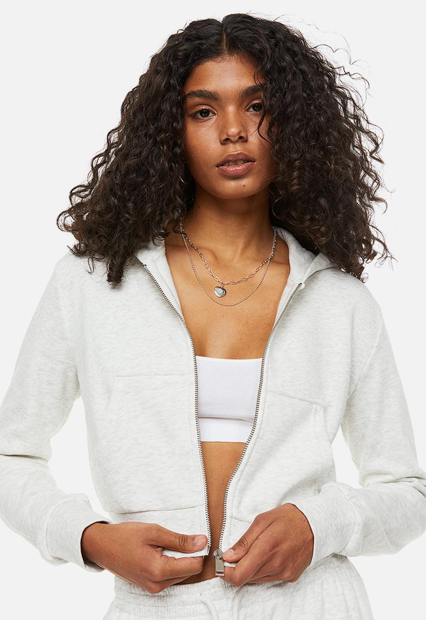 H&M - Cropped zip-through hoodie - light grey marl 