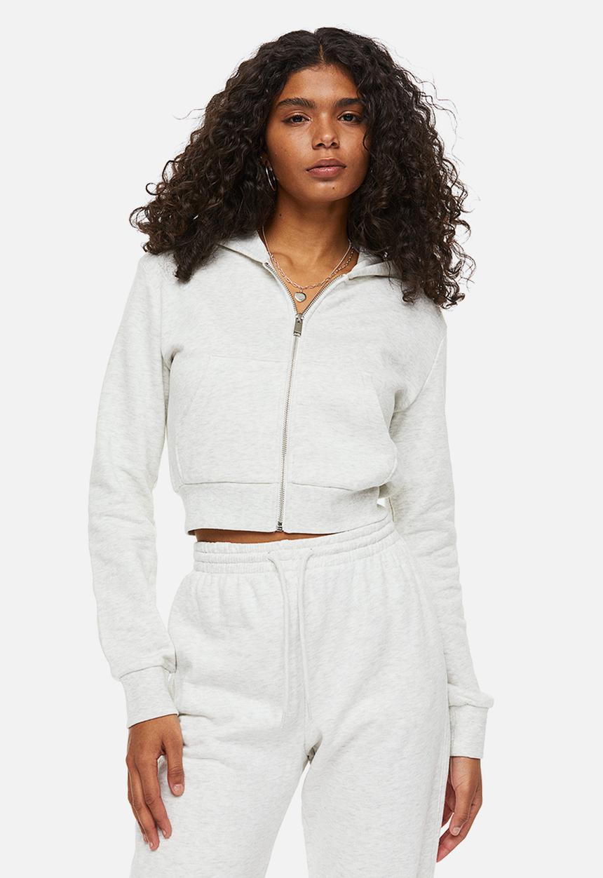 H&M - Cropped zip-through hoodie - light grey marl 