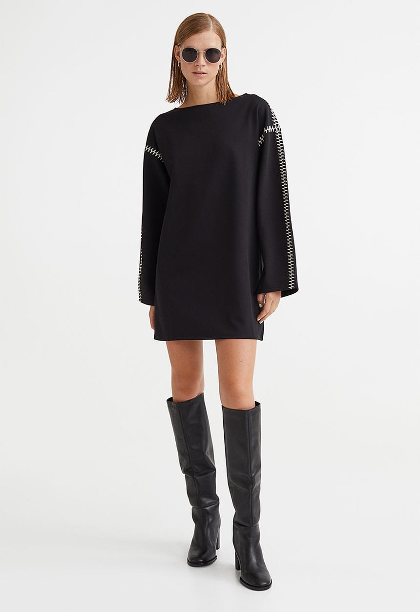 H&M - Embroidered jersey dress - black 