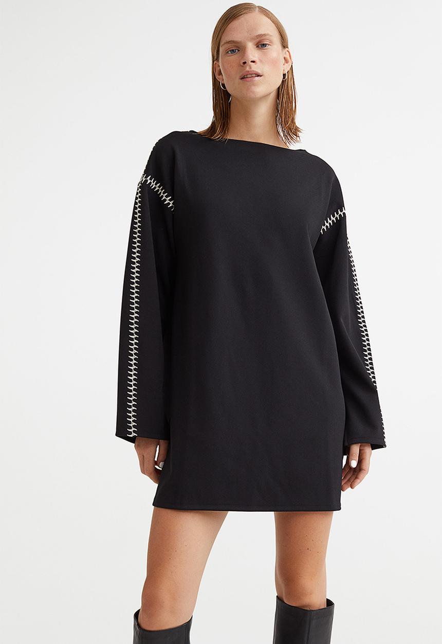 H&M - Embroidered jersey dress - black 