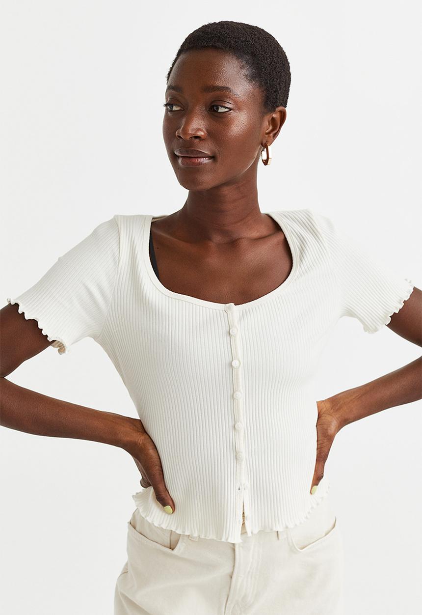 H&M - Button-front ribbed top - white