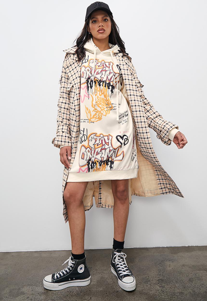 Blake - Graffiti hooded sweat dress - ecru