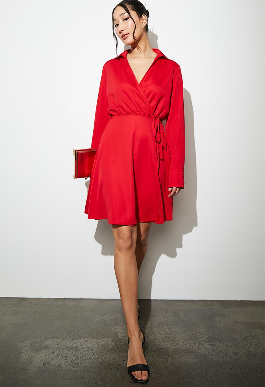 VELVET - wrap mini shirt dress - red