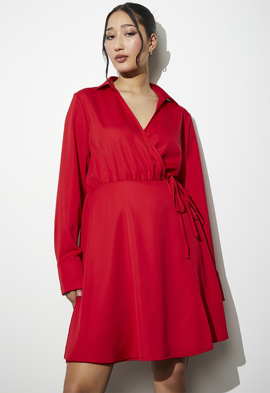 VELVET - wrap mini shirt dress - red
