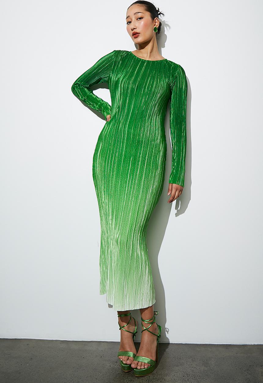 Superbalist - Plisse long sleeve column dress - green ombre