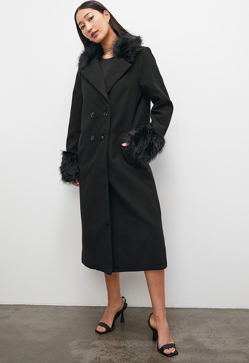 Superbalist - Faux fur trim coat - black