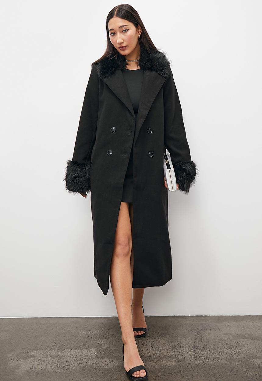 Superbalist - Faux fur trim coat - black