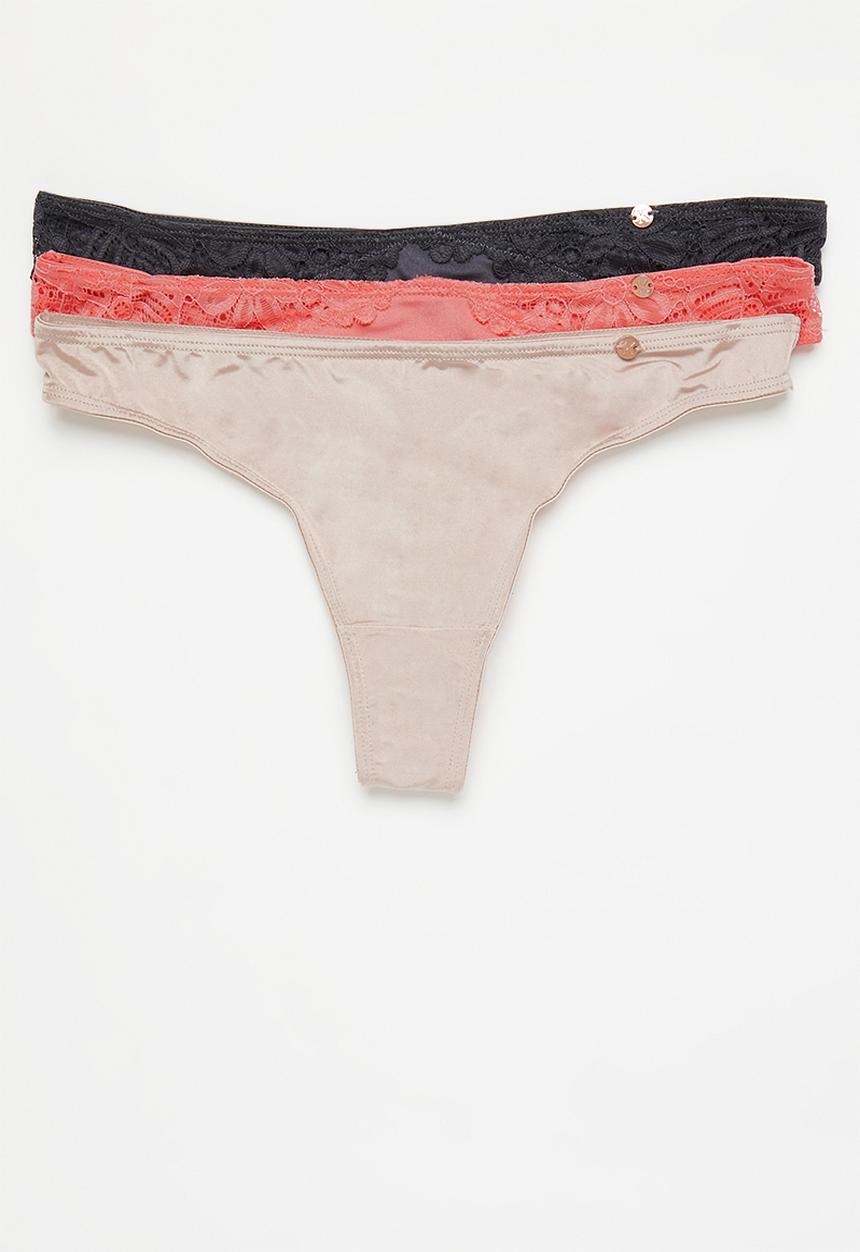 KANGOL - 3 pack galloon lace thong - tangerine / charcoal / mocha