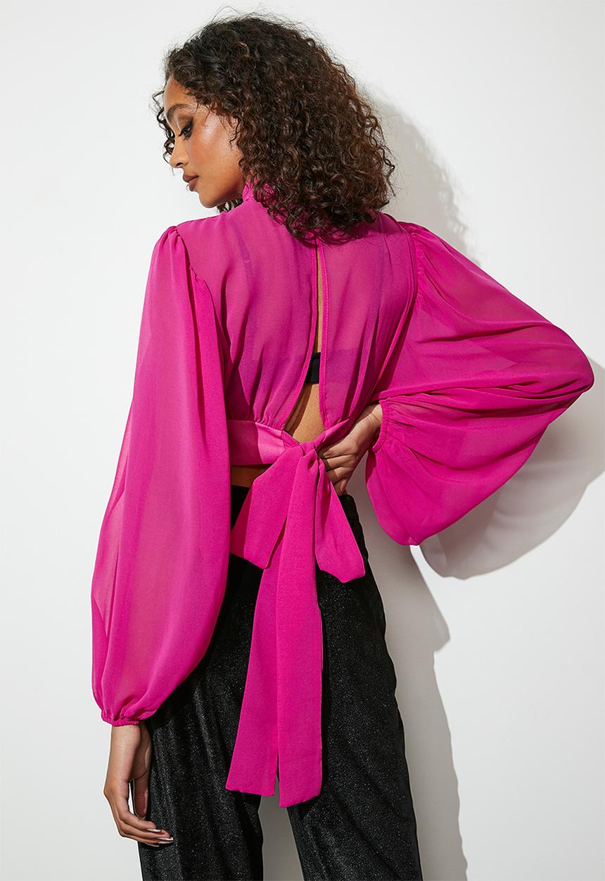 VELVET - Open back sheer pleated blouse - raspberry