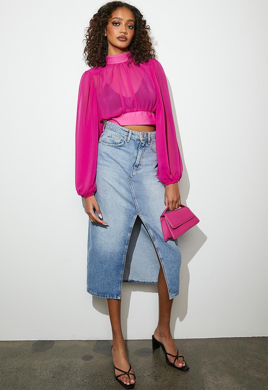 VELVET - Open back sheer pleated blouse - raspberry