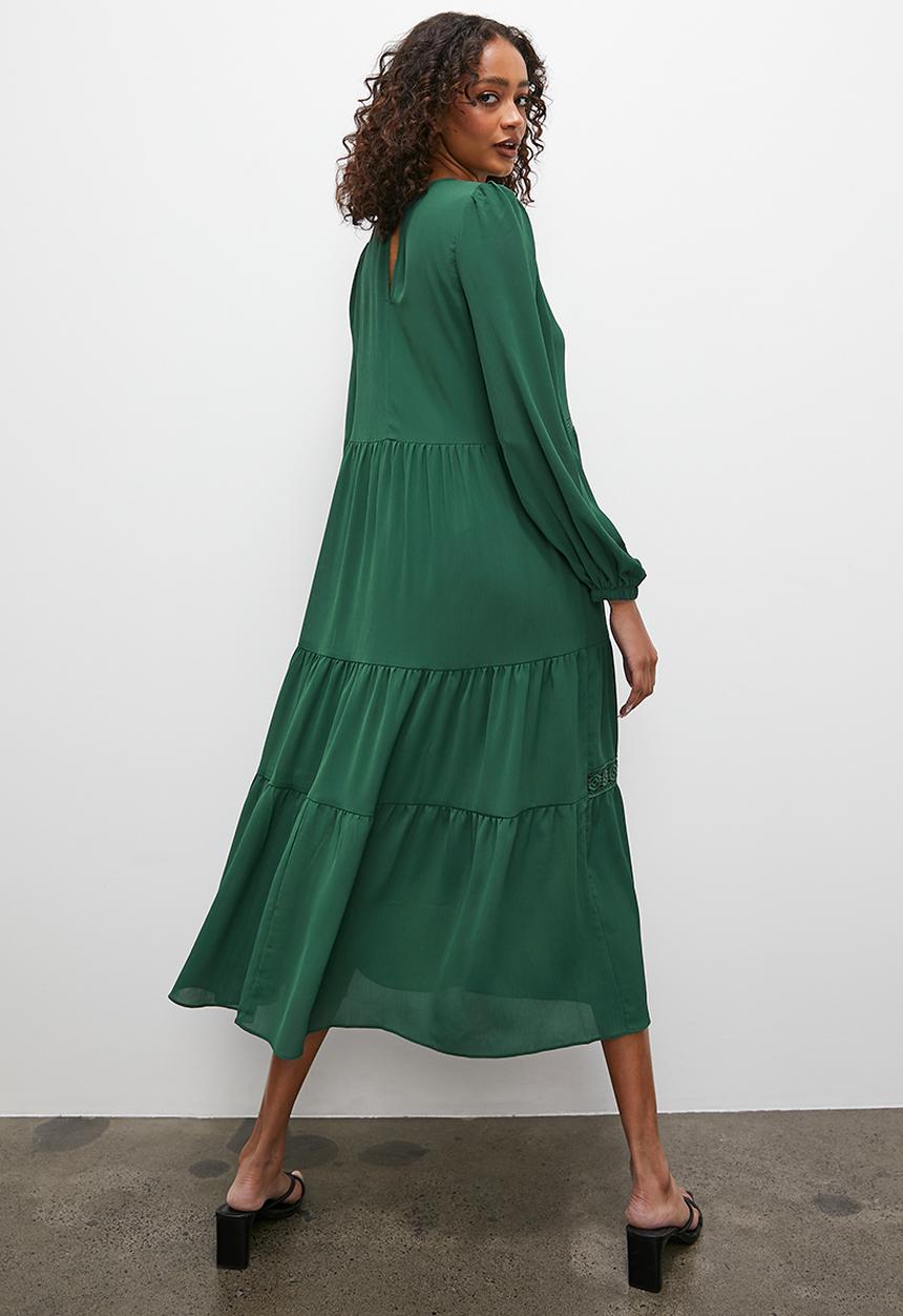 Superbalist - Lace inset midi dress with ruffle detail - forest green