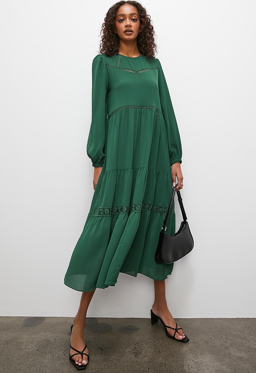 Superbalist - Lace inset midi dress with ruffle detail - forest green