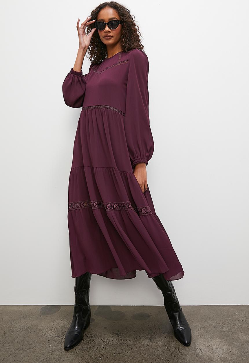 Superbalist - Lace inset midi dress with ruffle detail - wine