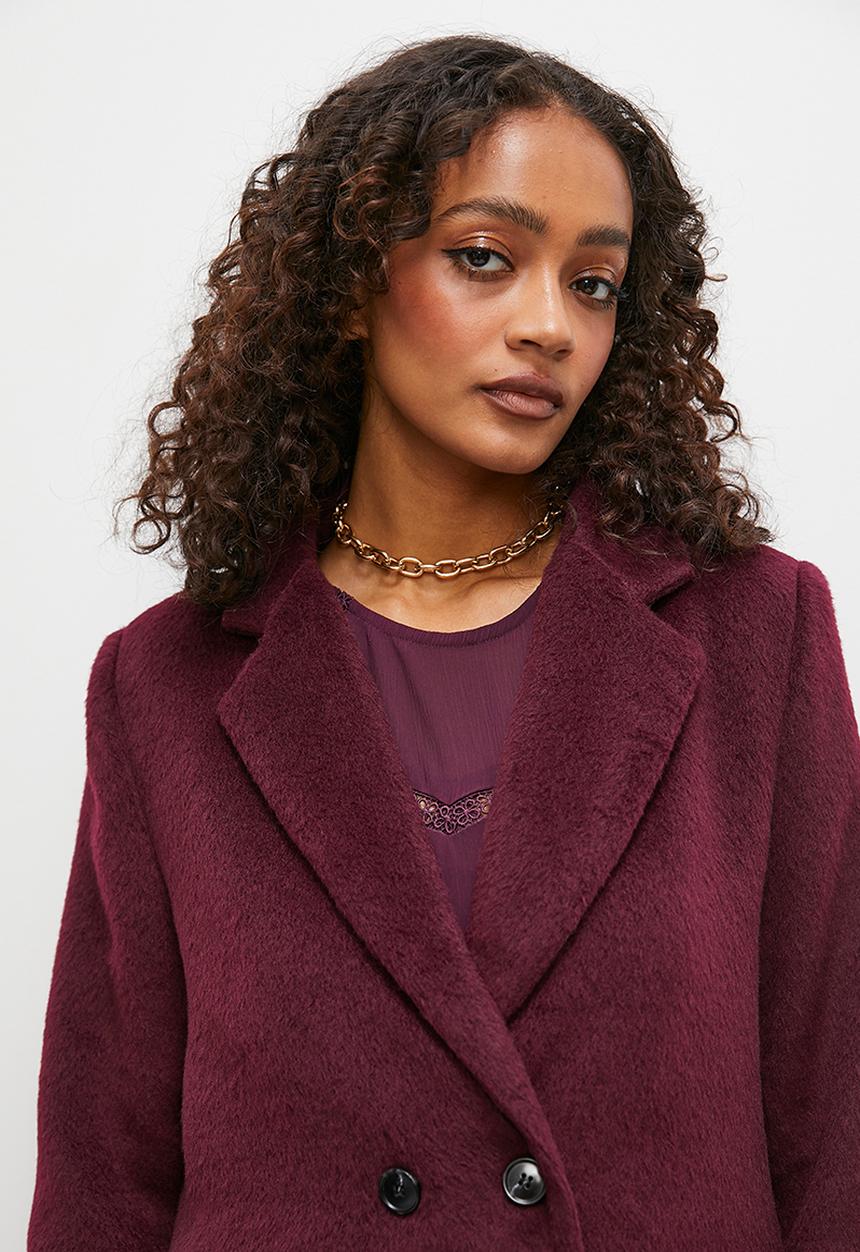 Superbalist - Double breasted fuzzy coat - bloodstone