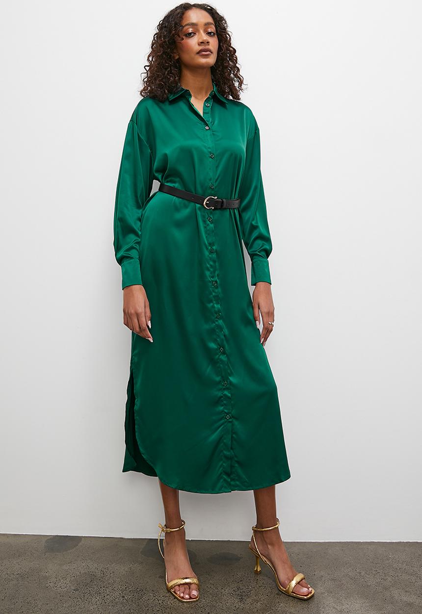 Superbalist - Satin shirt dress with belt - emerald