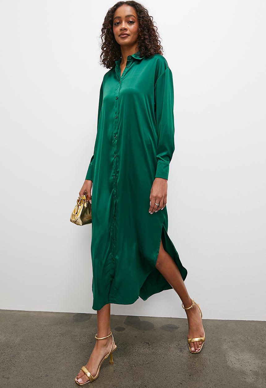 Superbalist - Satin shirt dress with belt - emerald