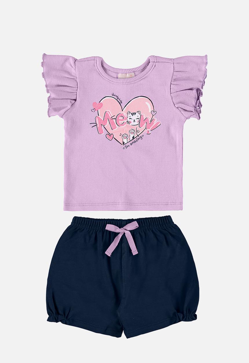 Quimby - Set - ribbed blouse and elastane jersey shorts - light purple & navy 