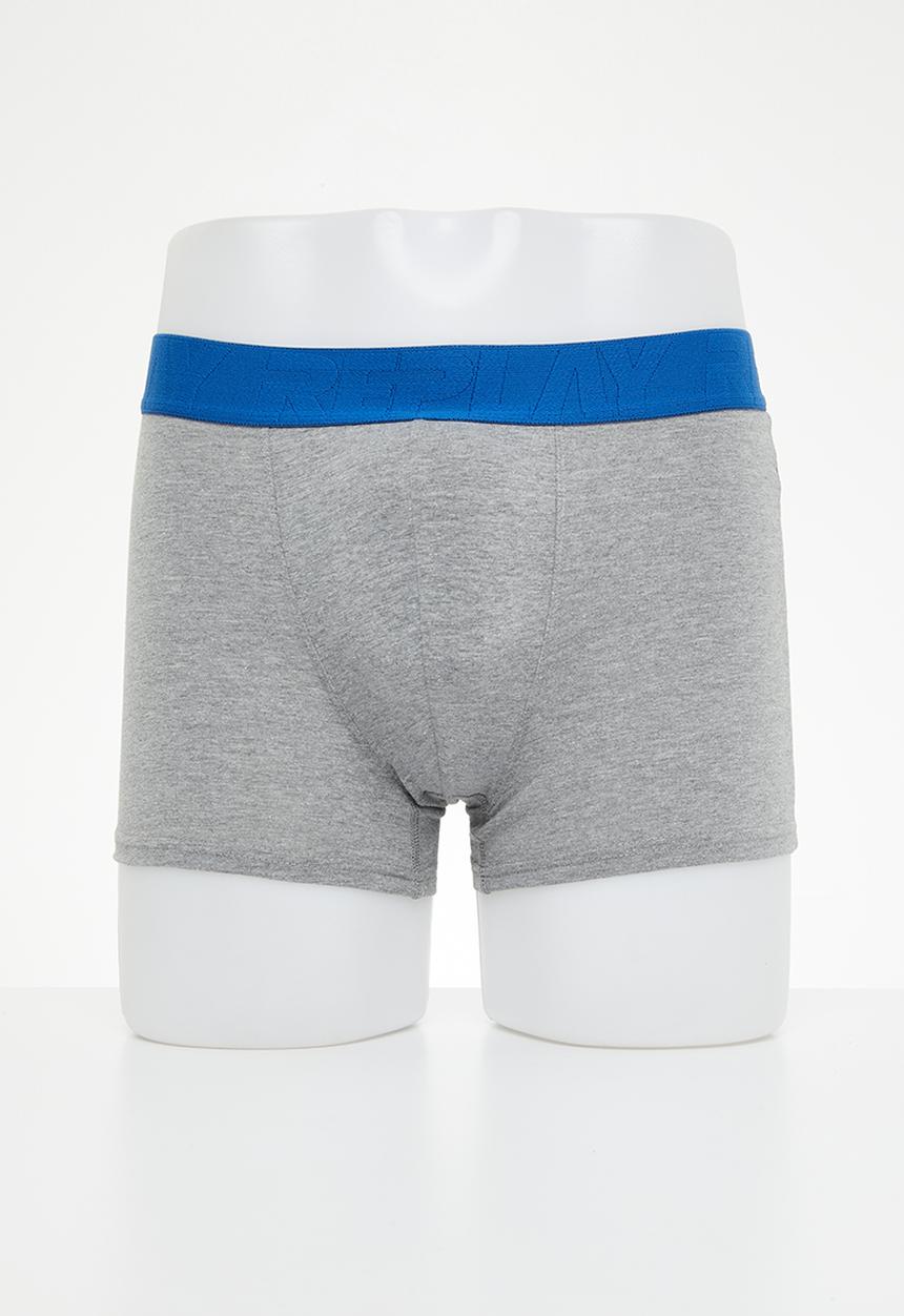 Replay - Replay Boxer Style 5 T/C Cuff Logo Neon Script 2Pcs Box - Grey /Black/Blue