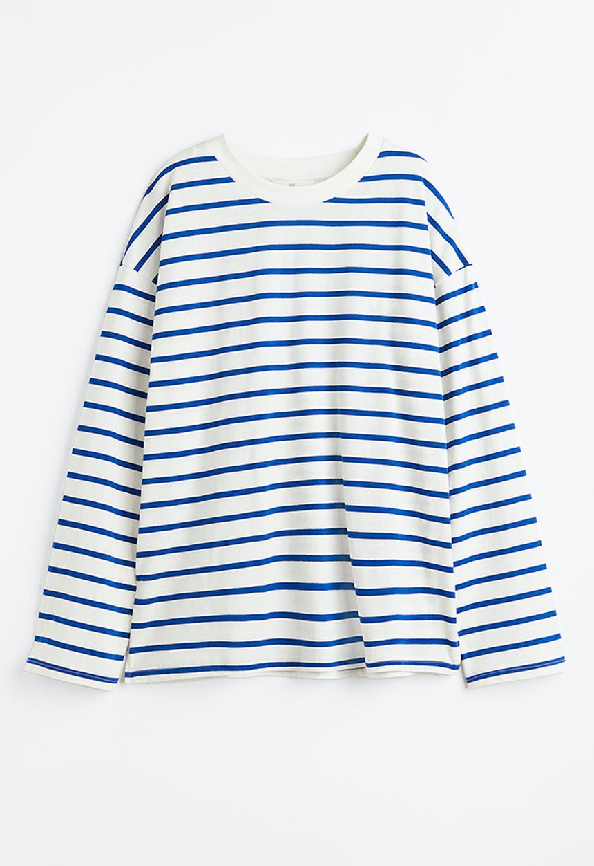 H&M - Oversized jersey top - white/striped 
