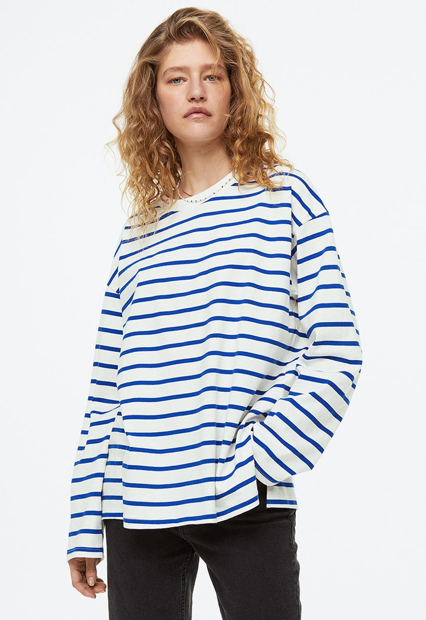 H&M - Oversized jersey top - white/striped 