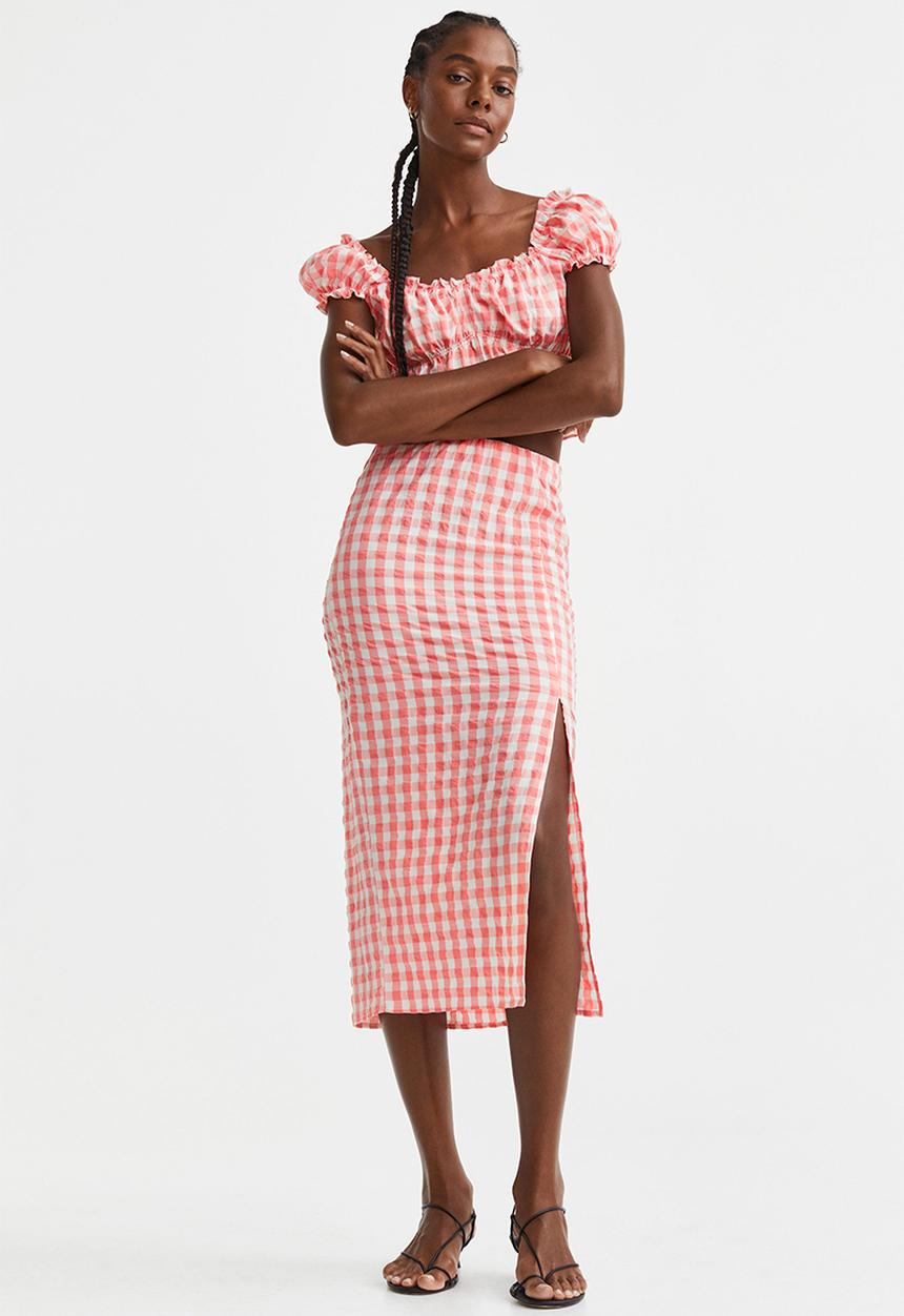 H&M - Viscose-blend crêpe skirt - coral/checked