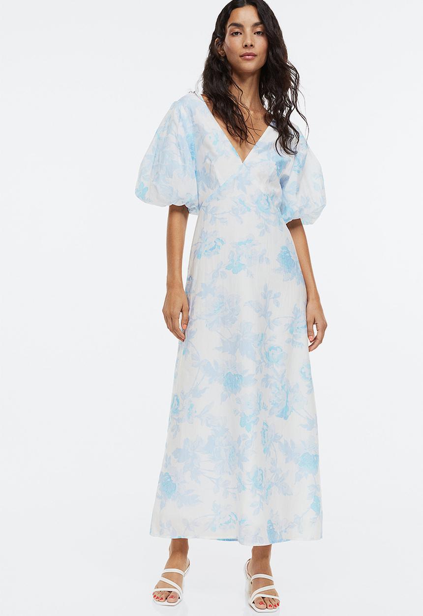 H&M - Puff-sleeved lyocell-blend dress - light blue/floral