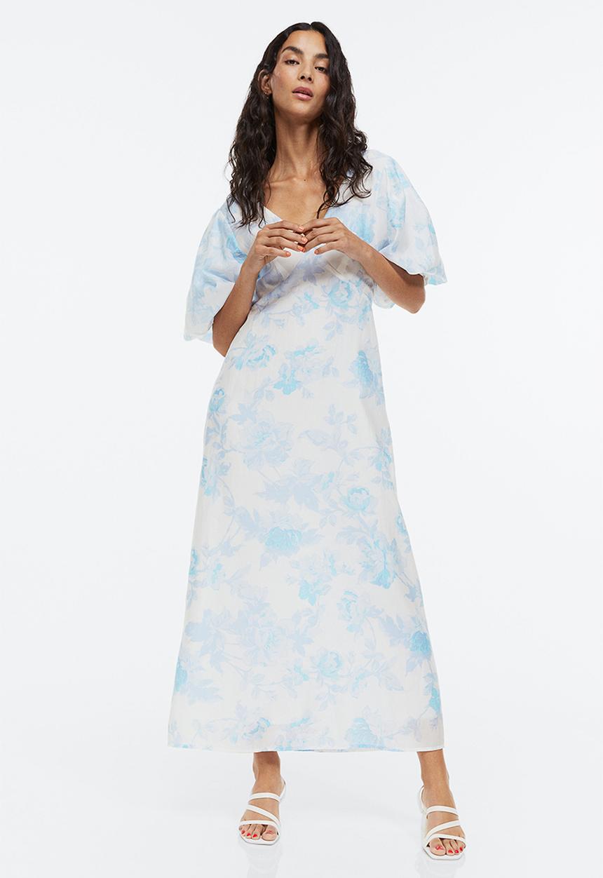 H&M - Puff-sleeved lyocell-blend dress - light blue/floral