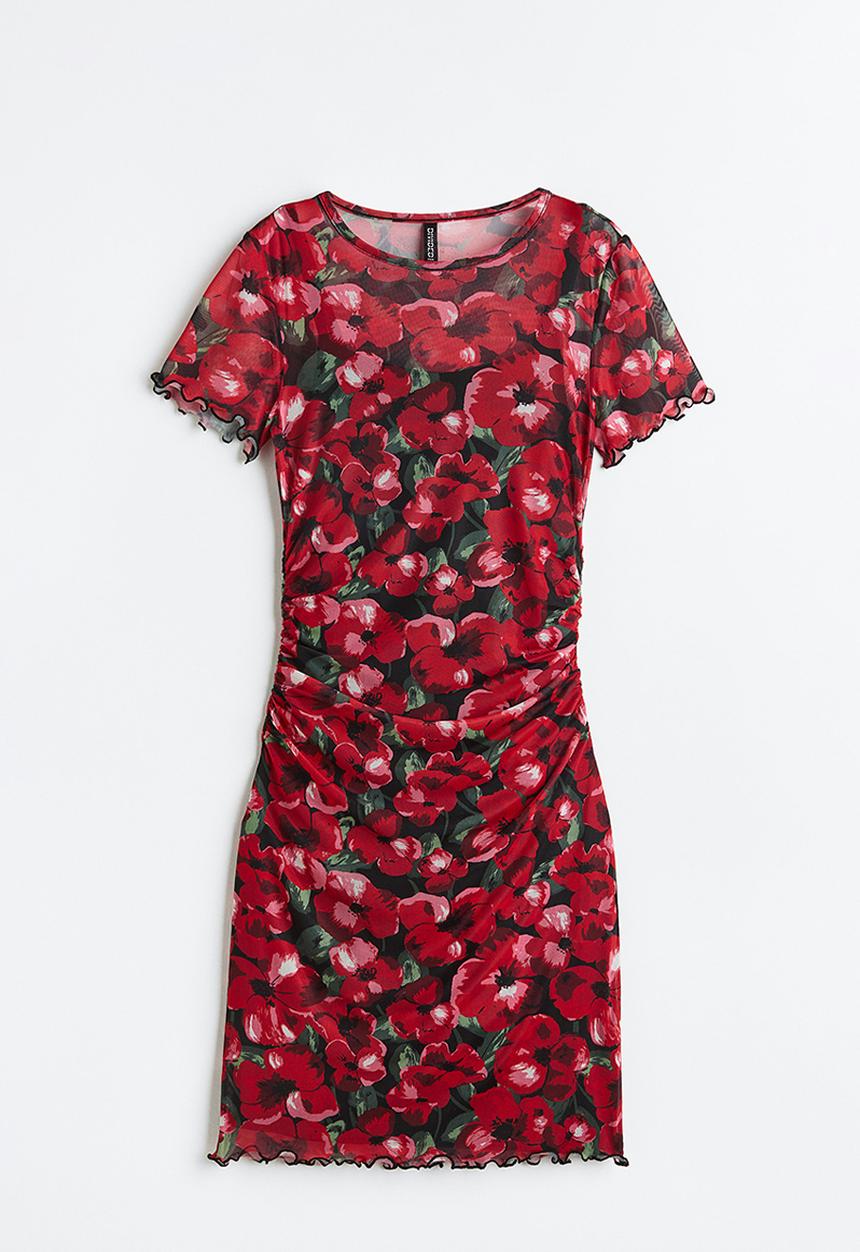 H&M - Gathered mesh bodycon dress - red/floral 
