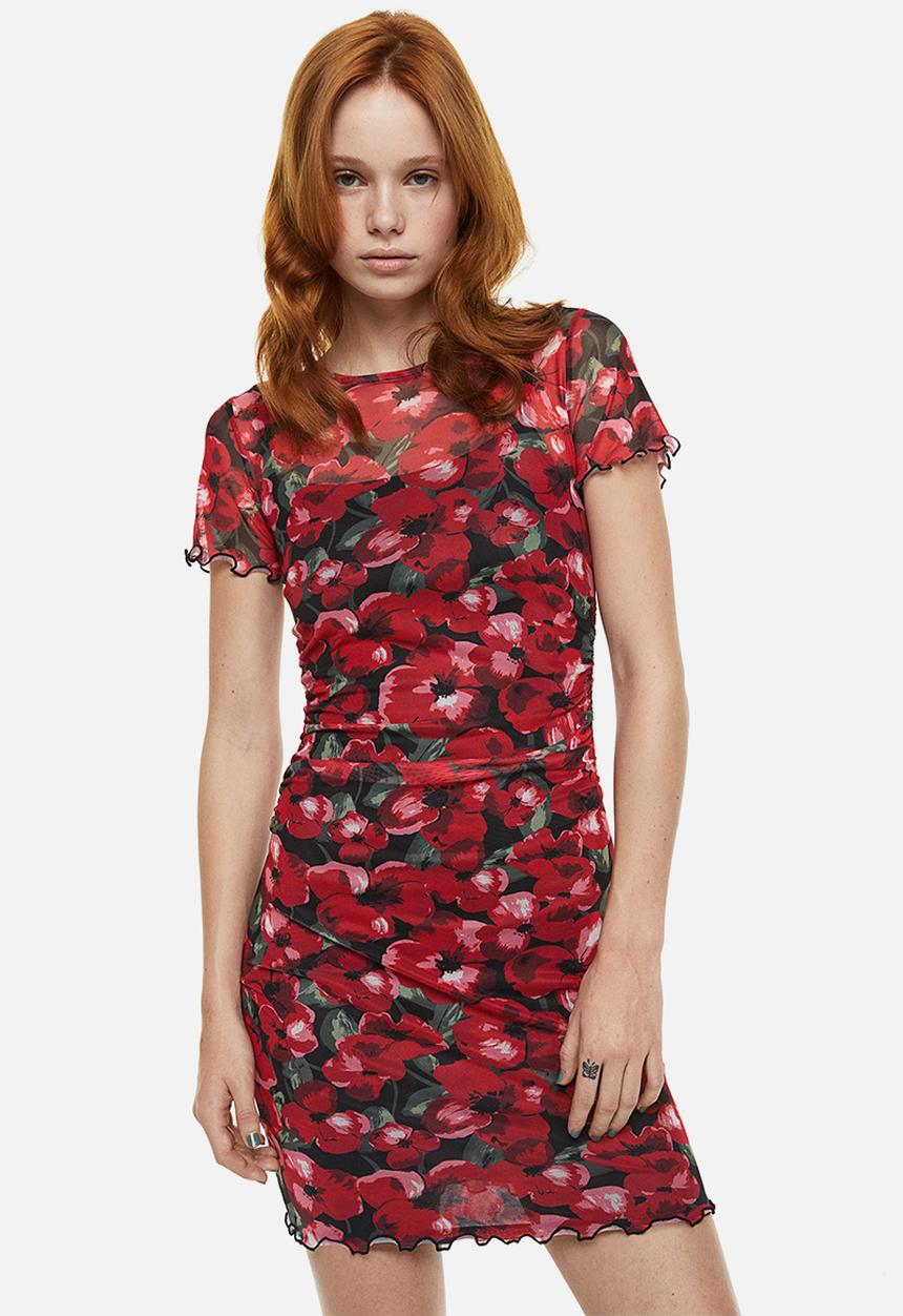 H&M - Gathered mesh bodycon dress - red/floral 