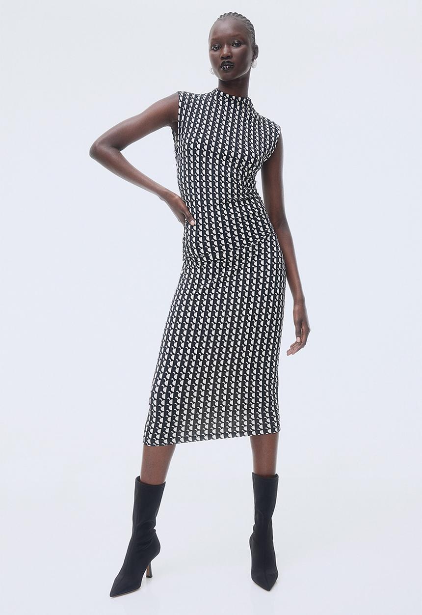 H&M - Gathered bodycon dress - black/patterned