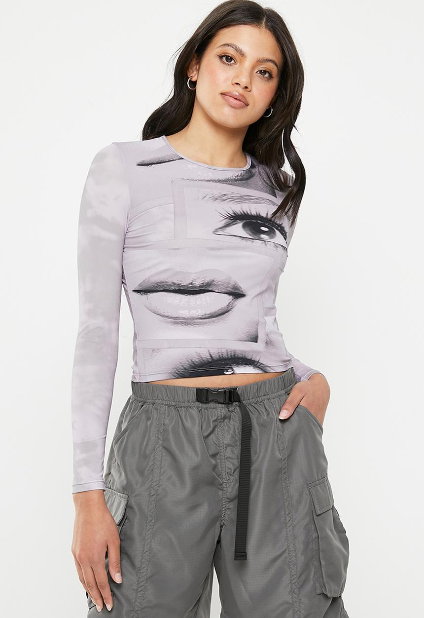 Factorie - Sheer long sleeve top - portrait faces/lilac