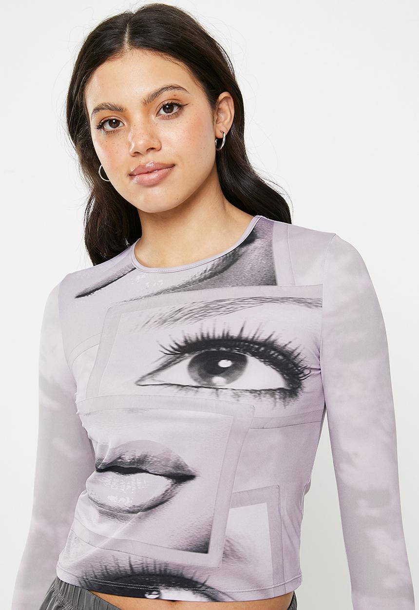 Factorie - Sheer long sleeve top - portrait faces/lilac