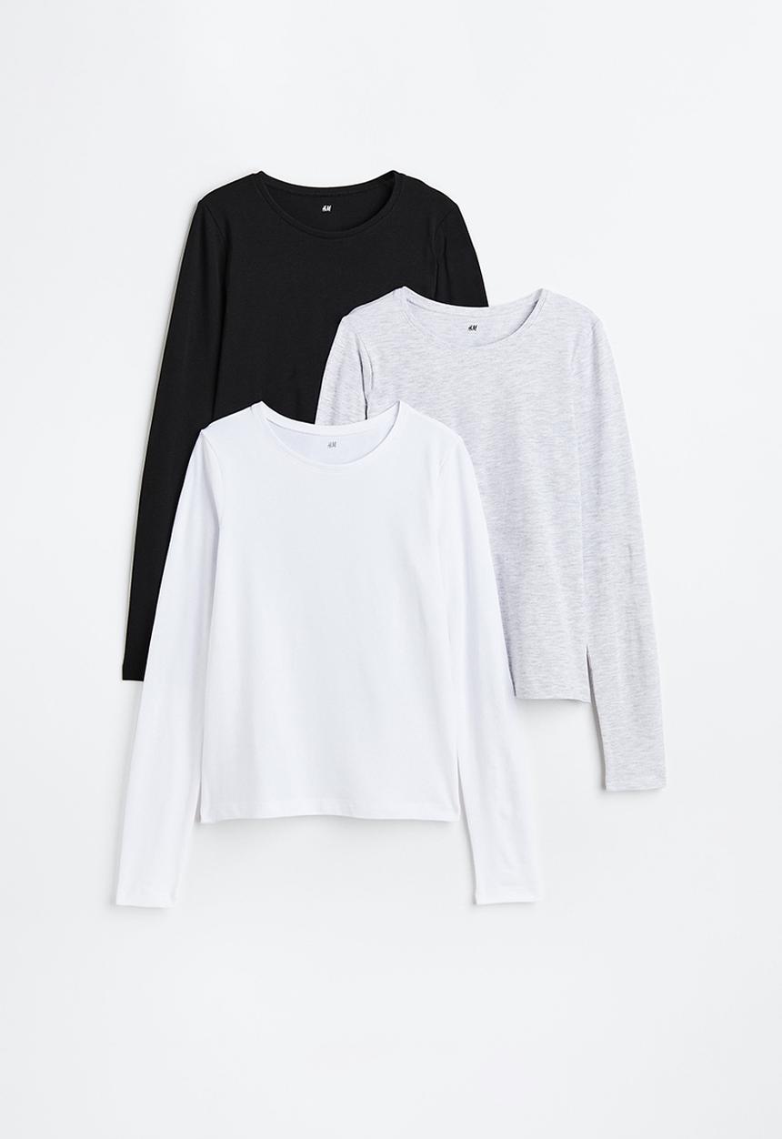 H&M - 3-pack jersey tops - black,grey,white