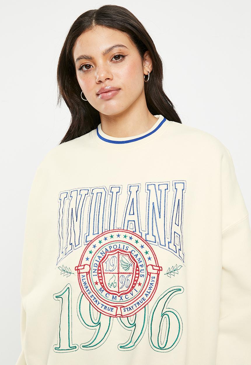 Factorie - Slouchy premium graphic crew - crisp stone/indiana 1996